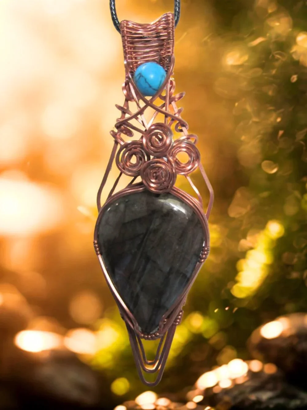 Blue Flash Labradorite Wire Wrapped Copper Pendant Necklace Handmade Gemstone 4